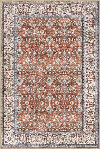 KUTA Vintage 8x10 Area Rugs for Living Room, Red Clay Washable Large Rug for Bedroom 8ft x 10ft Non-Slip, Ultra Thin Soft Printed Traditional Floral Distressed Dining Room Low-Pile Carpet