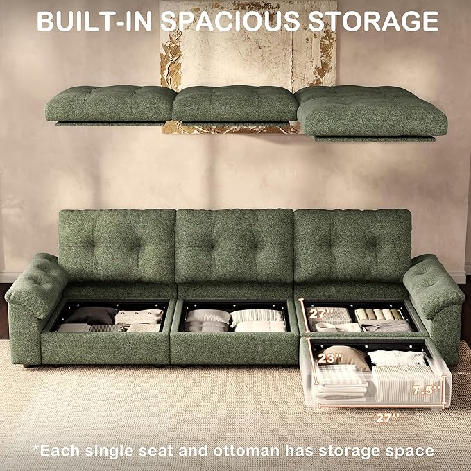 Oversized Modular Sectional Sofa with Storage, Modern Deep Seat Cloud Couch for Living Room, L-Shaped Large Sectional Couch, Only Single Seat, Green