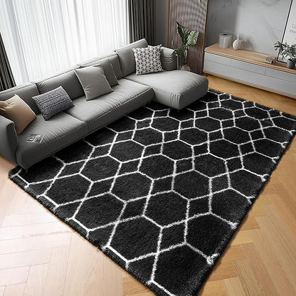 ONASAR 8x10 Area Rugs for Living Room, Fluffy Black and White Bedroom Rug, Geometric Boho Large Soft Plush Shaggy Fuzzy Floor Carpet for Nursery Kids Classroom Playroom Dorm Home Decor
