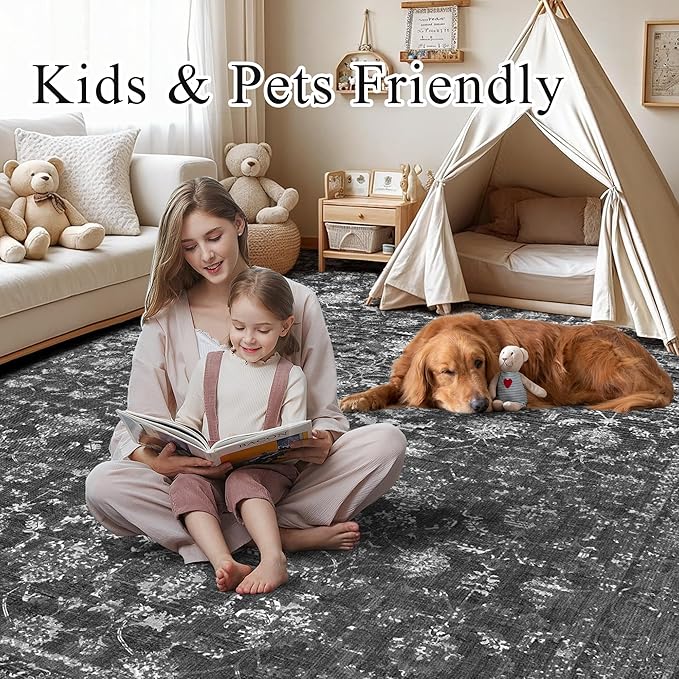 Washable Area Rug 2x3 Black Rugs for Living Room, Vintage Boho Rug for Bedroom Dining Room Office, Distressed Floral Print Carpet for Under Table, Soft Non Slip Low Pile Throw Carpet Indoor Mat