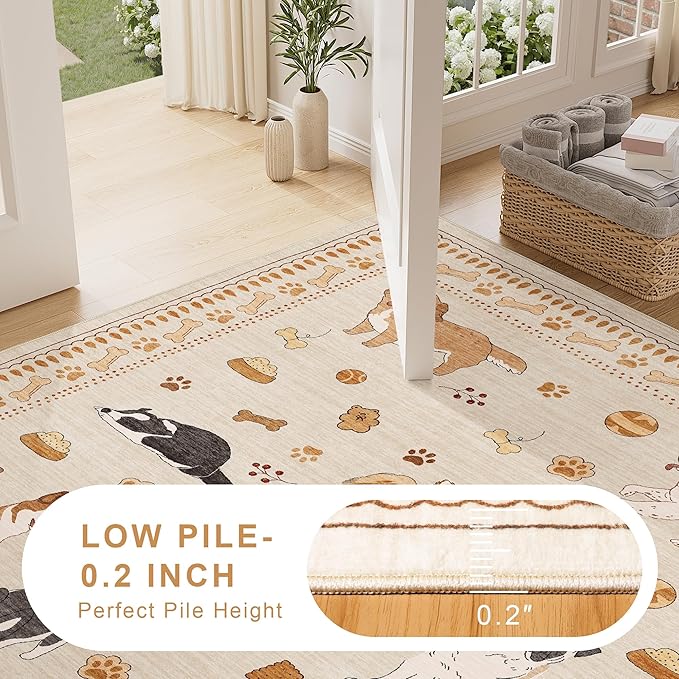 DUKINO 3x5 Area Rug, Lightweight Washable Entryway Rug with Non Slip & Low Pile, Soft Non Shedding Animal Dog Print Pattern Indoor Carpet for Bedroom, Kitchen, Bathroom, Kids Room, Beige Yellow