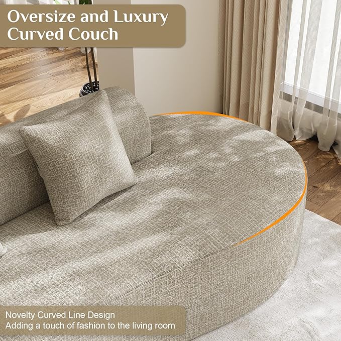 147" Oversized Sectional Sofa for Living Room, Modern Luxury Plush Chenille 4-Seater Extra Deep & Wide Seat Curved Cloud Couch with 4 Throw Pillows, No Assembly Needed, Light Brown