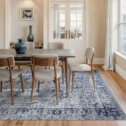 Bloom Rugs Washable Non-Slip 8' x 10' Rug - Ivory/Denim Blue Traditional Medallion Area Rug for Living Room, Bedroom, Dining Room, and Kitchen - Exact Size: 8' x 10'