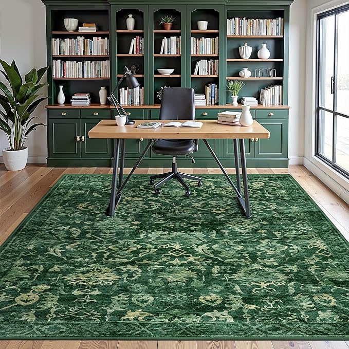 Deep Green Area Rugs 6x8 Rugs for Living Room, Washable Vintage Rugs for Bedroom, Distressed Throw Rug, Non Slip Rug Floral Carpet Green Area Rug for Bedroom Dining
