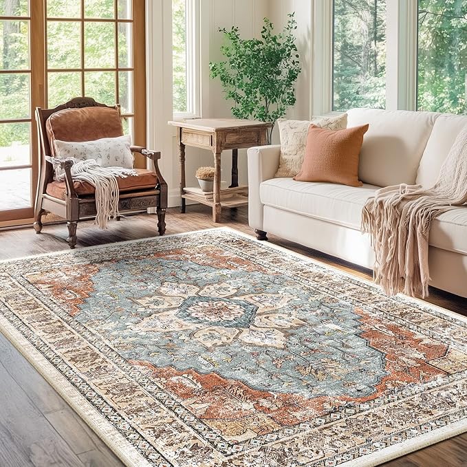 BESTSWEETIE 5x7 Area Rug Washable Rugs for Living Room, No Pile Boho Carpet for Entryway Bedroom Dinning Room, Vintage Carpet Print Distressed Non-Slip, 5 x 7 ft, Green Brick Rust Red