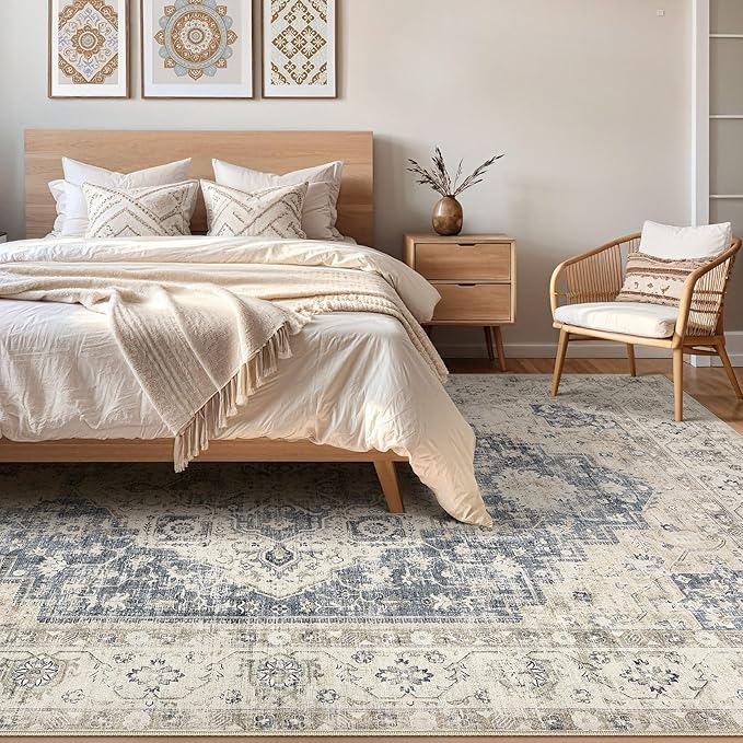 9x12 Area Rug Living Room: Washable Boho Large Neutral Vintage Soft Rugs Stain Resistant Distressed Farmhouse Non-Slip Indoor Floor Carpet for Bedroom Nursery Kids Office Dining Room- Brown Blue