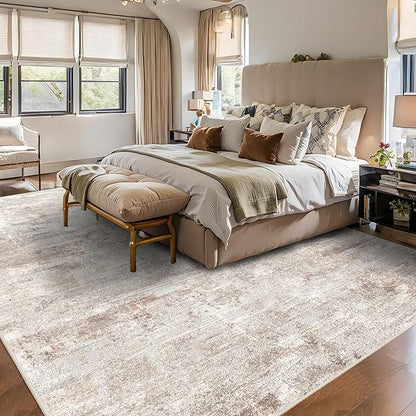 RUUGME 9X12 Abstract Area Rug:Large Washable Living Room Rug Non Slip Low Pile Carpet for Bedroom Soft Foldable Stain Resistant Distressed Thin Rug for Dining Room Kitchen 9X12 Brick/Brown/Beige