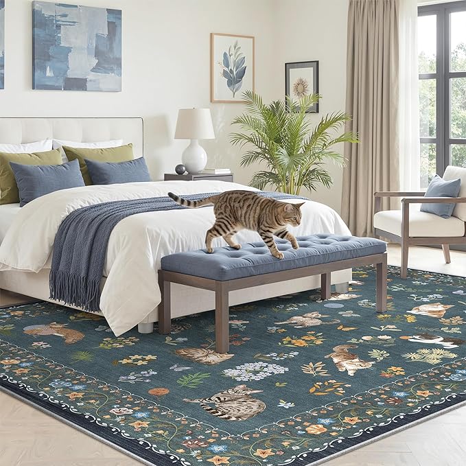 Soalmost Cat 6x9 Area Rugs for Living Room, Machine Washable Animal Floral Vintage Rug Non-Slip Low Pile Soft Throw Rugs for Bedroom Dining Room Kitchen Nursery Playroom (6 x 9,Navy Blue)