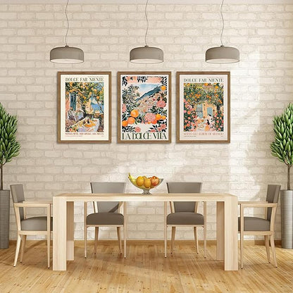 Framed Italian Scenery Wall Art Set of 3, Amalfi Coast Kitchen Wall Art, Vintage City Landscape Canvas Print, Trendy Italian Food Pictures Artwork for Living Room Dining Room – 12x16 inch