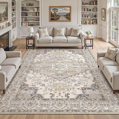 10x14 Washable Area Rugs for Living Room: Non Slip Vintage Brown Rug, Large Soft Stain Resistant Indoor Floor Carpets for Bedroom Dining Room Farmhouse Nursery Home Office Kid & Pet Friendly