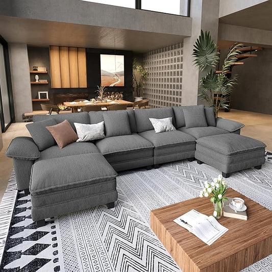 SUNSHINE VALLEY U Shaped Modular Cloud Couch, 157.5'' Oversized Corduroy Sectional Sofa with Wider Armrest and Ottoman, Upholstered 6-Seat Modern Deep Seat for Bedroom Living Room, Grey