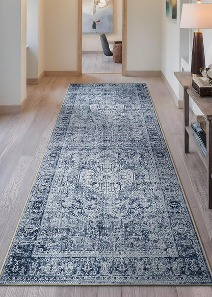 Bloom Rugs Washable Non-Slip 10 ft Runner - Ivory/Denim Blue Traditional Medallion Runner for Entryway, Hallway, Bathroom, and Kitchen - Exact Size: 2.5' x 10'