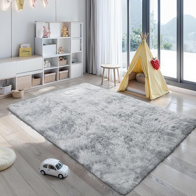 KICHOWUA Area Rug 5x7 Light Grey Fluffy Shag for Bedroom, Ultra Soft Plush Fuzzy Washable Thickened Non Slip Carpet, Cozy Furry Shaggy Rug for Living Room Kids Nursery Dorm Room, Tie-Dye Gray