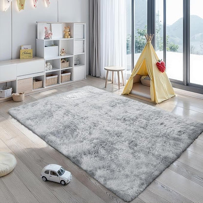 KICHOWUA Area Rug 5x7 Light Grey Fluffy Shag for Bedroom, Ultra Soft Plush Fuzzy Washable Thickened Non Slip Carpet, Cozy Furry Shaggy Rug for Living Room Kids Nursery Dorm Room, Tie-Dye Gray