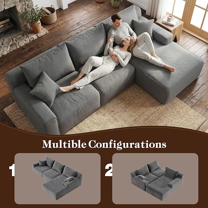 Homkdom L-Shaped Cloud Boneless Couch with Deep Seat, Modular Sectional Sofa with Oversized Chaise, 6 Layouts Combination for Living Room, Apartment, No Assembly (Grey Check, Right Facing Chaise)
