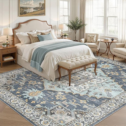 8x11 Washable Area Rugs for Living Room: Non Slip Vintage Blue Yellow Rug, Large Soft Stain Resistant Indoor Floor Carpets for Bedroom Dining Room Nursery Home Office Kid & Pet Friendly
