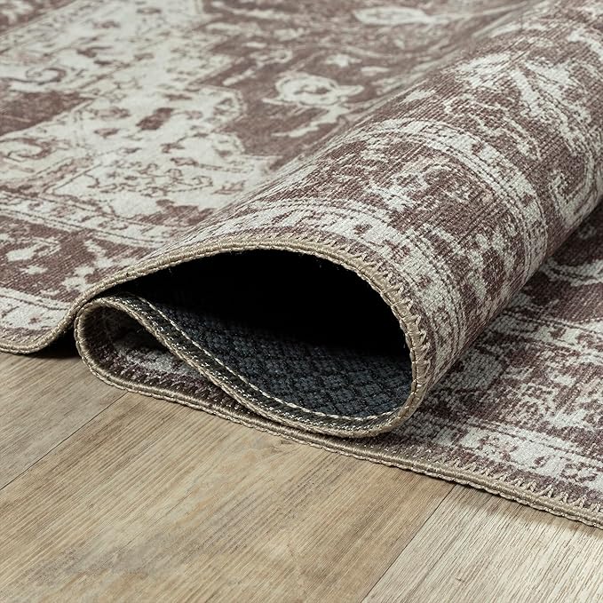 Bloom Rugs Washable Non-Slip 12 ft Runner - Dark Brown Traditional Medallion Runner for Entryway, Hallway, Bathroom, and Kitchen - Exact Size: 2.5' x 12'
