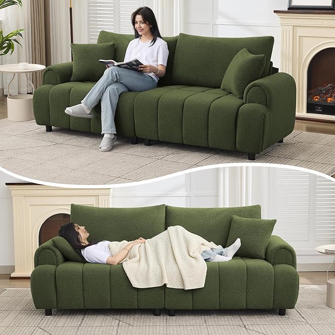 88 "Modern Boucle Sofa Couch, Oversized Comfy 3 Seater Sherpa Curved Sofas Deep Seat, Upholstered Loveseat Teddy Round Arm Couches for Living Room, Bedroom, Green