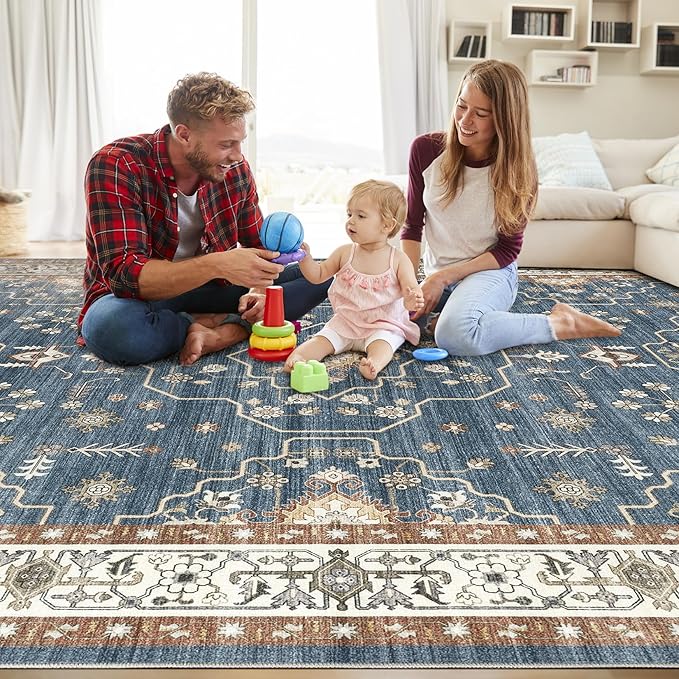 7x9 Area Rug for Living Room- Machine Washable Soft Oriental Vintage Large Indoor Floor Carpet for Bedroom Under Dining Table Home Office Decor - Dark Blue