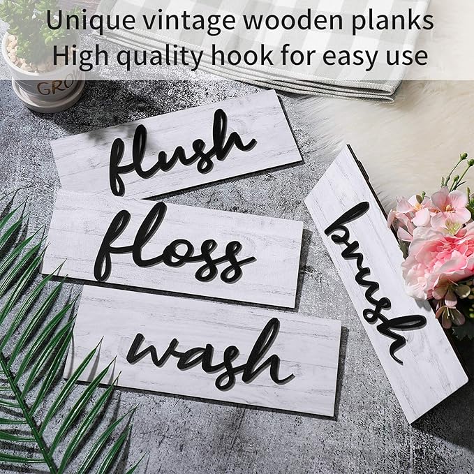 Jetec 4 Pieces Farmhouse Bathroom Wall Decor Wash Signs Rustic Hanging Wooden Signs Primitive Wall Arts Vintage Country Wooden Decorations for Home Room Bathroom(White)