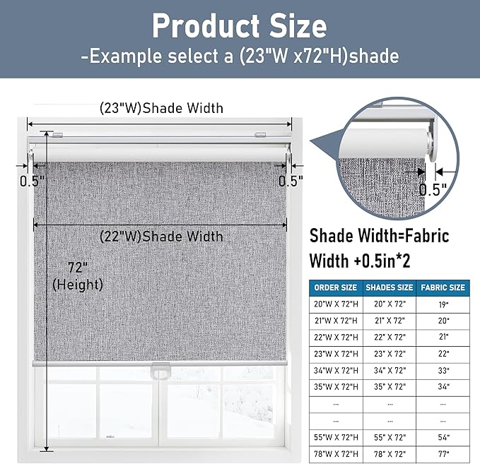 Cordless Roller Shades Blackout Blinds for Windows Room Darkening Rolled Up Shades with Spring System, UV Protection Natural Linen Window Shades Door Blinds for Home,36.5" W x 72" H, Heather Grey