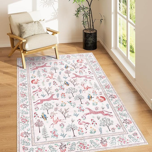DUKINO 4x6 Rug, Washable Animal Area Rug with Non Slip Vintage Design, Indoor Soft Low Pile Carpet for Bedroom, Nursery, Dining Room, Farmhouse, Playroom, Pink