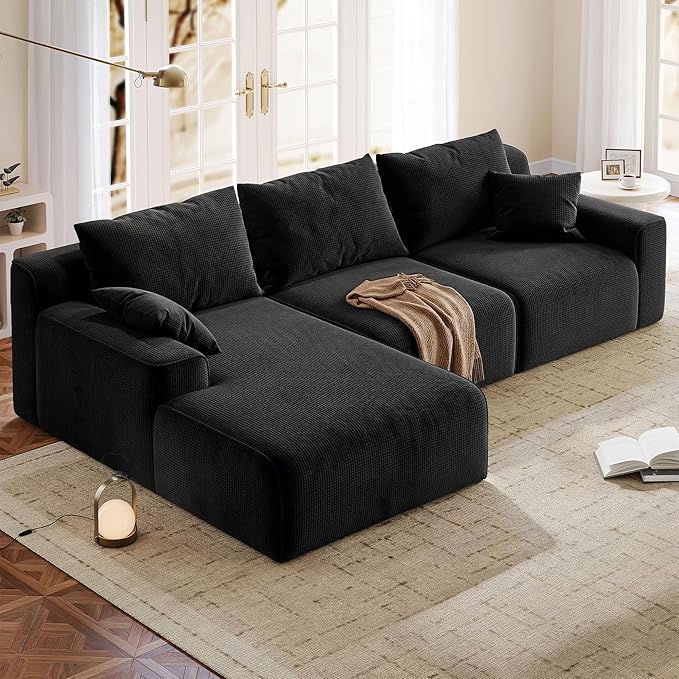Homkdom L-Shaped Cloud Boneless Couch with Deep Seat, Modular Sectional Sofa with Oversized Chaise, 6 Layouts Combination for Living Room, Apartment, No Assembly (Black Check, Left Facing Chaise)