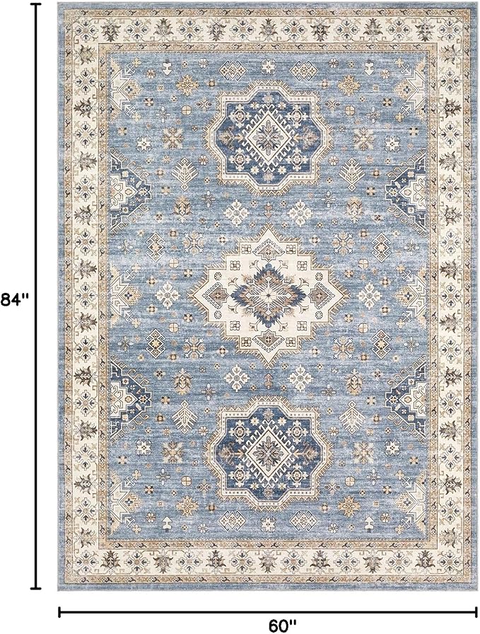 EIEIHOUSE Washable Area Rugs for Living Room - 7x9 Neutral Vintage Distressed Floral Farmhouse Boho Large Soft Floor Rug Indoor Non Slip Carpet for Living Room Bedroom Dining Room Office - Blue