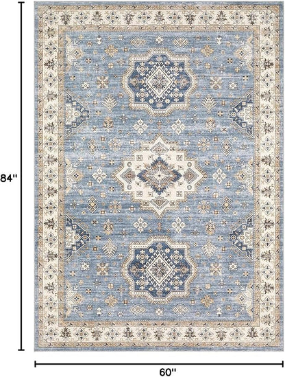 EIEIHOUSE Washable Area Rugs for Living Room - 7x9 Neutral Vintage Distressed Floral Farmhouse Boho Large Soft Floor Rug Indoor Non Slip Carpet for Living Room Bedroom Dining Room Office - Blue