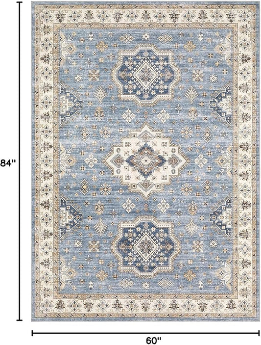 EIEIHOUSE Washable Area Rugs for Living Room - 7x9 Neutral Vintage Distressed Floral Farmhouse Boho Large Soft Floor Rug Indoor Non Slip Carpet for Living Room Bedroom Dining Room Office - Blue