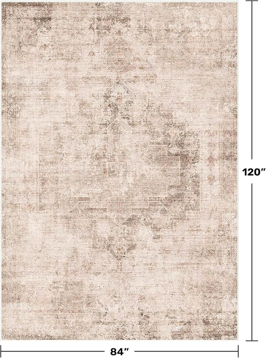 Hazo Haus Farmhouse Area Rugs for Living Room - 7x10 Washable Modern Abstract Rug for Bedroom, Dining Room Under Table, Home Office, Soft Washable & Stain Resistance (Beige & Brown & Peach)