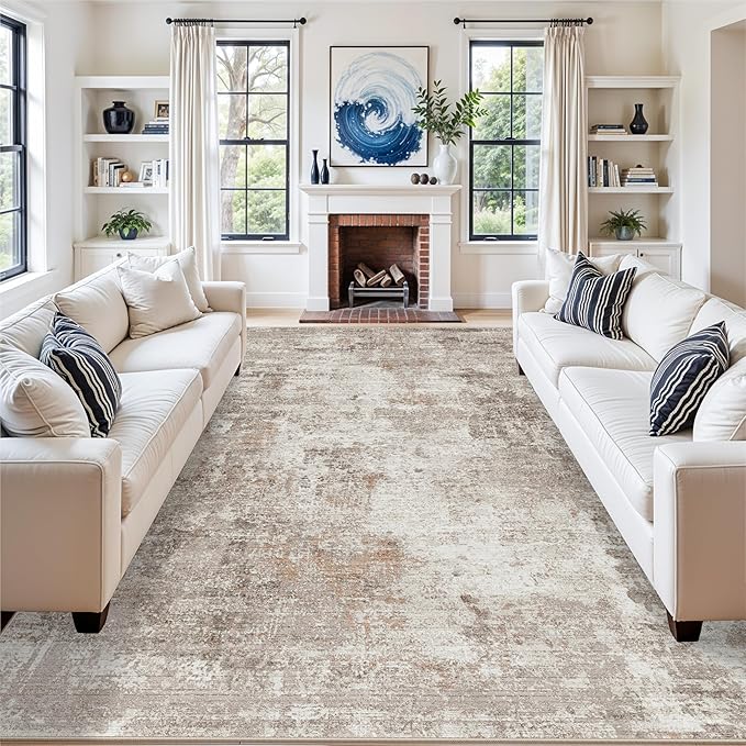 Washable 7x10 Area Rug for Living Room– Soft Non-Slip Carpet for Bedroom Dining Room,Modern Neutral Abstract Low Pile Stain-Resistant (Beige Grey)