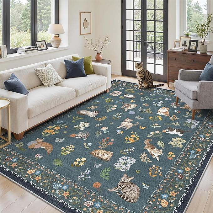 Soalmost Cat 6x9 Area Rugs for Living Room, Machine Washable Animal Floral Vintage Rug Non-Slip Low Pile Soft Throw Rugs for Bedroom Dining Room Kitchen Nursery Playroom (6 x 9,Navy Blue)