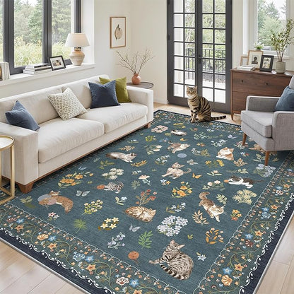 Soalmost Cat 6x9 Area Rugs for Living Room, Machine Washable Animal Floral Vintage Rug Non-Slip Low Pile Soft Throw Rugs for Bedroom Dining Room Kitchen Nursery Playroom (6 x 9,Navy Blue)
