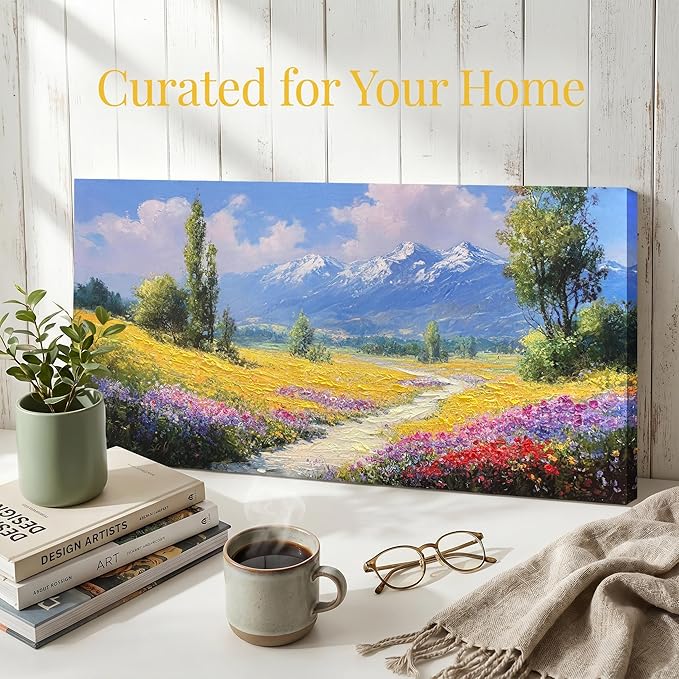 Enartly Landscape Garden Canvas Wall Art for Living Room, Wildflower Mountain Wall Decor Floral Paintings Natural Artwork Prints for Home Bedroom Garden Farmhouse Decor, 40"x20"