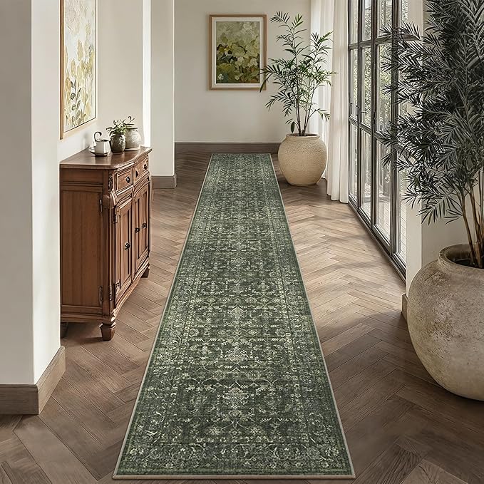 2x12 Green Runner Rug Hallway Washable Area Rugs Kitchen Vintage Boho Non Slip Long Rug Floral Carpet Indoor Retro Soft Low Pile Throw Rug for Bedroom Bathroom Laundry Dining Living Room Office