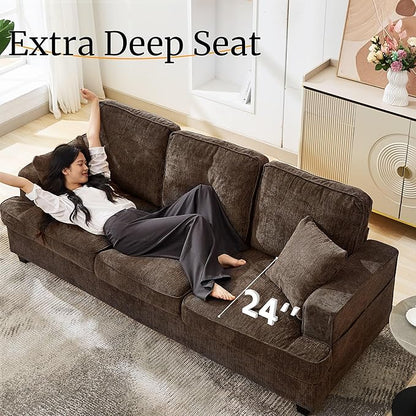 Korser Modern 89" Couches for Living Room, 3-Seater Chenile Couch Sofa with Armrest Deep Seats, Comfortable Mid-Century Sofas for Living Room Bedroom Office Apartment Lounge, Brown