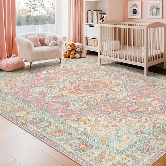 Kokia 6x9 Washable Area Rugs Blossom Pink with Vintage Orient Design Soft Rug for Living Room or Nursery Non-Slip Low Pile Stain Resistance Features Distressed Medallion Pattern