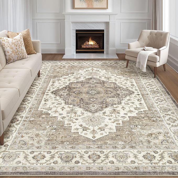 9x12 Area Rug Living Room: Washable Boho Large Neutral Vintage Soft Rug Stain Resistant Farmhouse Non-Slip Indoor Floor Carpet for Bedroom Nursery Kids Playroom Office Dining Room Home- Brown Beige