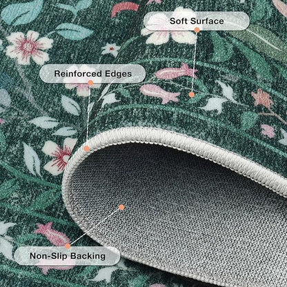 Runner Rug Washable Runners Kitchen Rugs Non Slip Neutral Floral Carpet Low Pile for Indoor Hallways Entryway Living Room Bedroom Laundry Soft Mat 2'6''x8' Dark Green