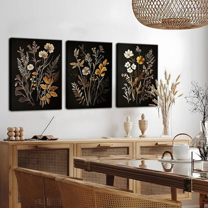 Vintage Black Flower Wall Art Decor Set of 3, Beautiful Wildflower Botanical Canvas Prints, Dark Academia Fall Floral Poster Painting Picture for Bedroom Living Room 12x16 Inch Framed
