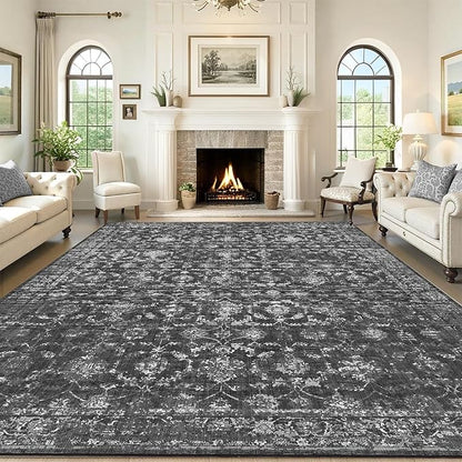 Washable Area Rug 8x10 Black Rugs for Living Room, Vintage Boho Large Rug for Bedroom Dining Room Office, Distressed Floral Print Carpet for Under Table, Soft Non Slip Low Pile Throw Carpet Indoor Mat