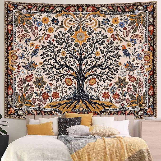 Lunerfex Folk Art Wall Tapestry - Tree of Life with Sun and Bird Wall Hanging for Bedroom and Living Room - Boho Floral Tapestries 80"x60"