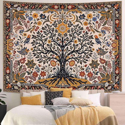 Lunerfex Folk Art Wall Tapestry - Tree of Life with Sun and Bird Wall Hanging for Bedroom and Living Room - Boho Floral Tapestries 80"x60"