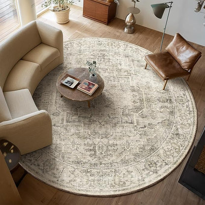 6ft Washable Round Rugs for Bedroom: Circle Living Room Rug Vintage Non Slip Low Pile Soft Faux Wool Non Shedding Boho Circular Rug for Entryway Kitchen Bathroom Office College Dorm Nursery Indoor