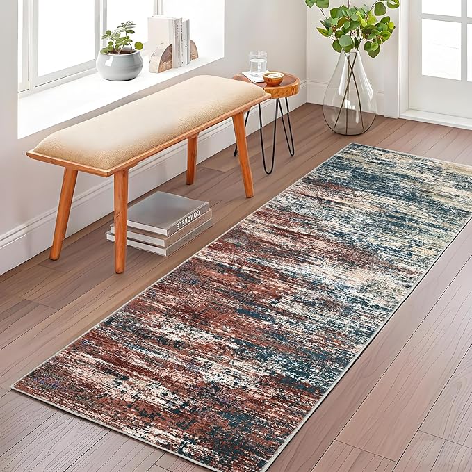 ROYHOME Washable Runner Rug 2x6 Modern Abstract Kitchen Rugs, Non Slip Bathroom Rug, Low Pile Laundry Room Soft Long Carpet for Hallway Bedroom Entryway, Red Multi