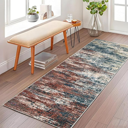 ROYHOME Washable Runner Rug 2x6 Modern Abstract Kitchen Rugs, Non Slip Bathroom Rug, Low Pile Laundry Room Soft Long Carpet for Hallway Bedroom Entryway, Red Multi