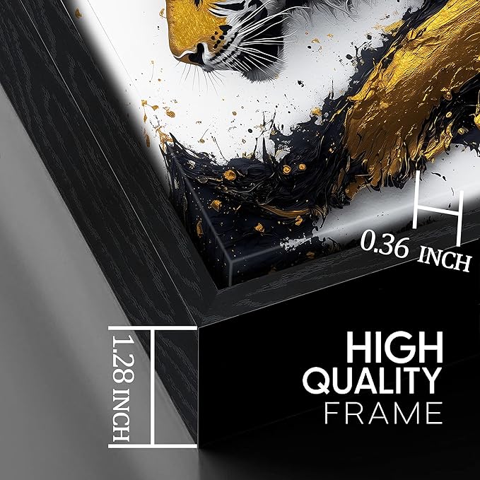 Tiger Art Wall Decor for Living Room - Modern Black and Gold Wall Decor for Bedroom - Large Framed Wall Art for Office Size 29" x 59"