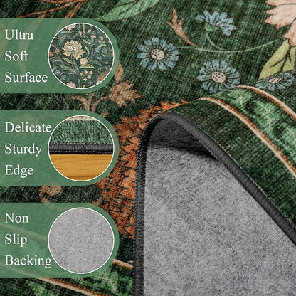 DUKINO 2x6 Rug for Hallway, Vintage Floral Non Slip Kitchen Runner Rug with Washable & Lightweight, Soft Low Pile Indoor Floor Stain Resistant Carpet for Entryway, Bedroom, Bathroom, Laundry, Green