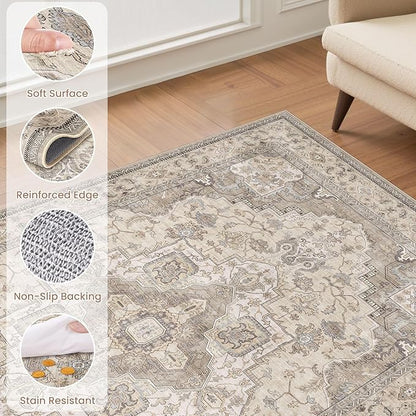 EIEIHOUSE Washable Area Rugs for Living Room -10x13 Neutral Vintage Distressed Floral Farmhouse Boho Large Soft Floor Rug Indoor Non Slip Carpet for Living Room Bedroom Dining Room Office-Brown/Multi